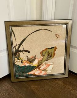 Vintage Ceramic Tile Art Arrangement Of Botanical And Butterfly Motif 18/19 Inch