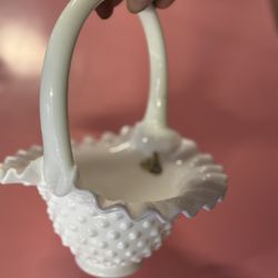 Vintage Fenton Hobnail Milk Glass Basket Bowl with Ruffled Fluted Edge