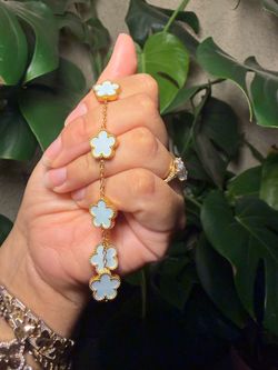 Gold Flower Clover Bracelet Light Blue Inlay
