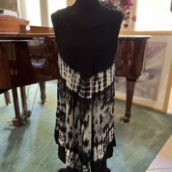 Black and White Tie Dye Sundress with Lace Bodice and Embroidered Bottom