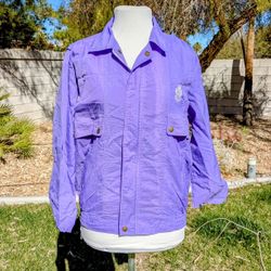 Women's Petite Med Lilac Windbreaker Zip-Up Retro Bomber Jacket Light Coat EUC