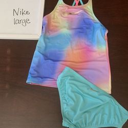 Nike girls 2 piece swimsuit large 12 rainbow ombré