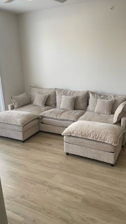 Beige Double Chaise Sectional Sofa with Ottomans