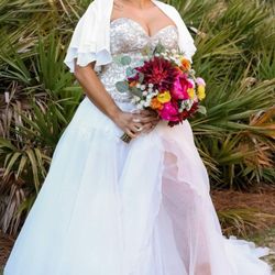 ProNovias Bridal Wedding Gown  - Strapless  top is embellished with crystals pearls, and beading With High Slit