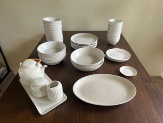 Moving sale: White dinnerware set with serving platters and tea set