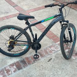 This is a Schwinn mountain bike.  Features a full suspension design. Equipped with front and rear disc brakes. Has 27.5-inch all-terrain tires. Includ