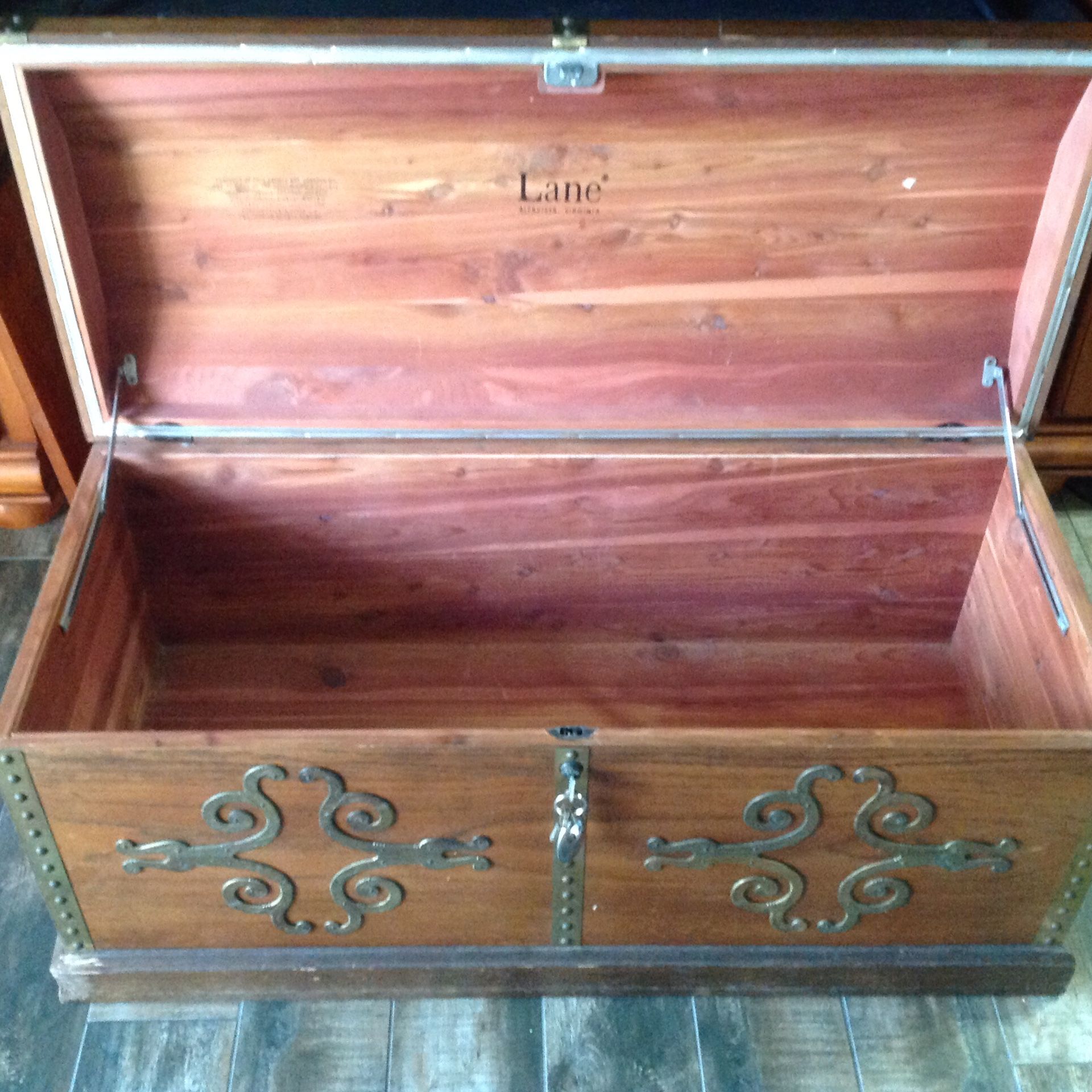 Rare antique Lane Cedar Chest, lock and key, brass embossed