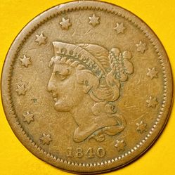 1840 U.S. BRAIDED HAIR LARGE CENT PENNY 1c COIN (VF-Very Fine)