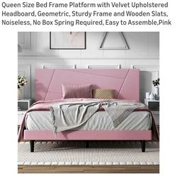 New in box Queen Size Bed Frame Platform with Velvet Upholstered Headboard