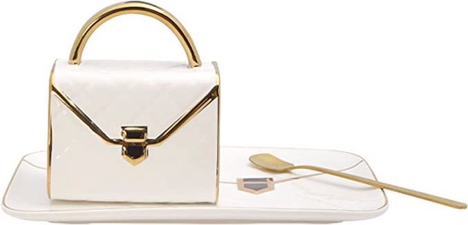 WHITE Handbag shaped mug with saucer and spoon