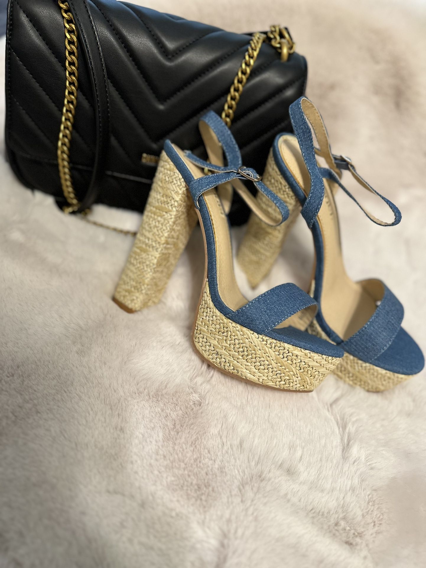 Platform Block High Heels Denim Style