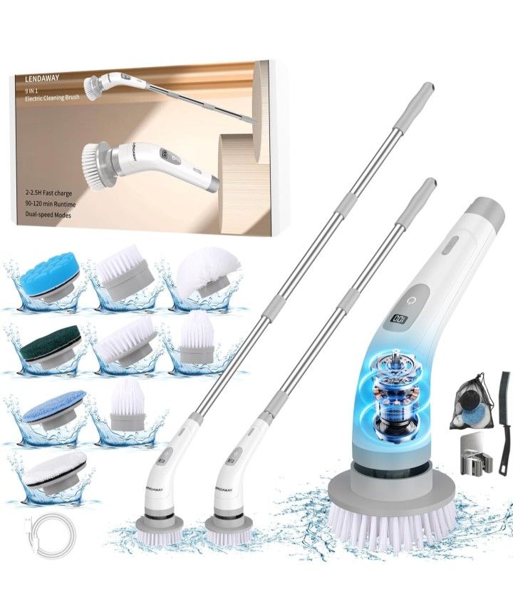 9-in-1 Multi-Purpose Electric Spin Scrubber for Cleaning, 2 Speed Long Handle Shower Scrubber, Replaceable Cleaner Brush Heads for Floors, Windows, Ba