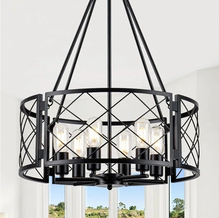 1716: New Farmhouse Chandelier, 6-Light Dining Room Light Fixture, 20.5" Rustic Drum Chandeliers Kitchen Island Lighting, Black Industrial Chandelier