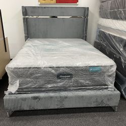 QUEEN BED FRAME GREY CORDUROY 