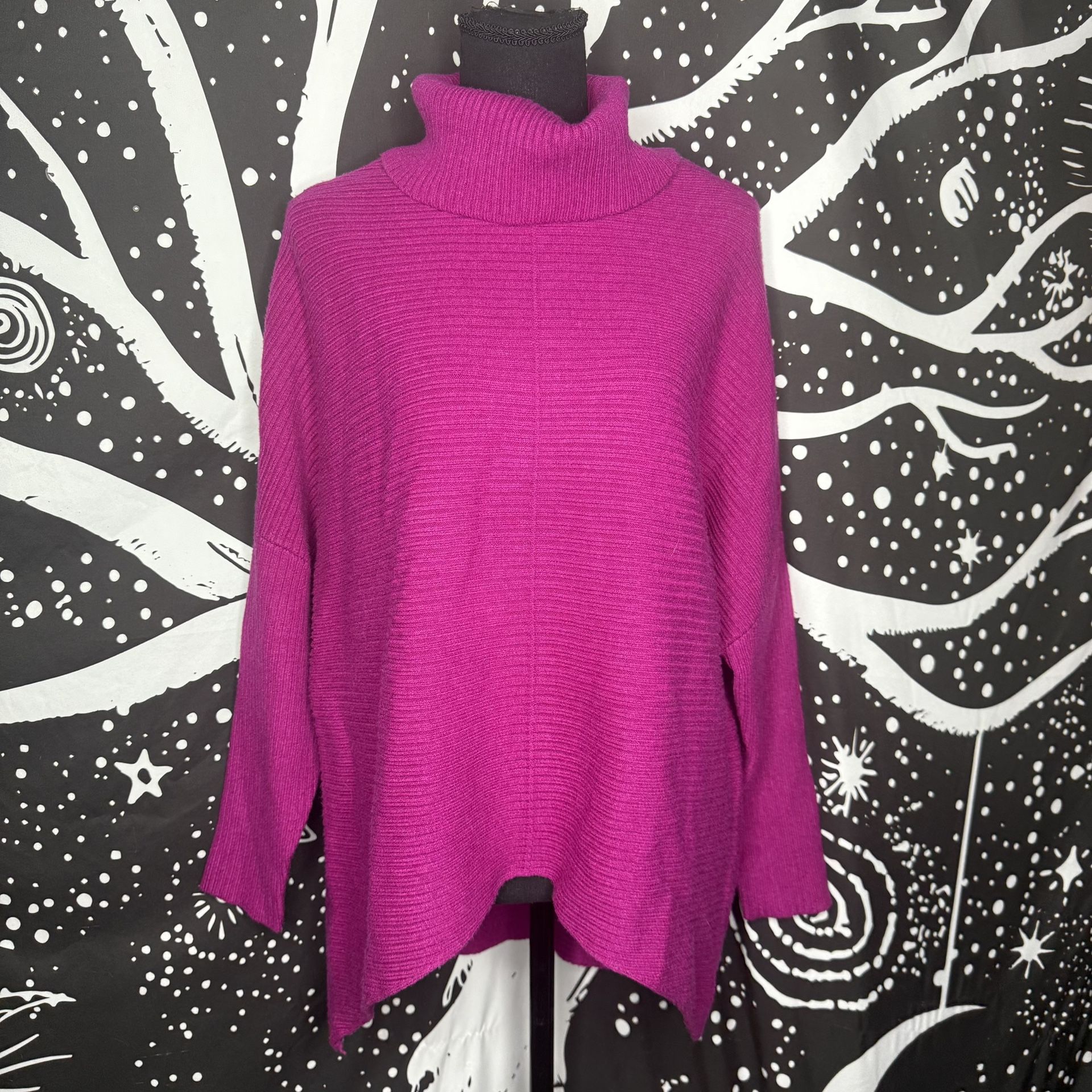 Cyrus Knits Poncho Style Turtleneck Sweater Fuchsia XS High Low Ribbed Womens