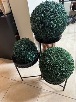 3 -Tier Metal Plant Stand with Artificial Boxwood Topiaries