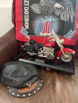 Harley-Davidson Collector Lot – Working Motorcycle Phone, Leather Hat & Bandana – $150