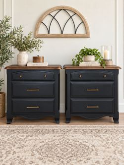 Pair of Black 3-Drawer Nightstands with Wood Top