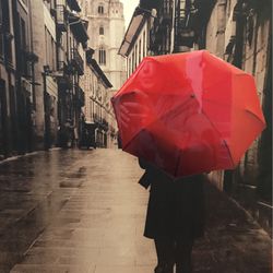 Wall Picture Of a European Town and a Woman with Red Umbrella 