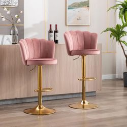 0624 Swivel Bar Stools Bar Height Set of 2 Adjustable Upholstered Counter Barstool Velvet Bar Chairs with Back/Gold Base for Kitchen Island/Bar/Cafe, 