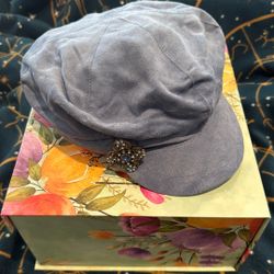 Powder Blue Suede-Look Cloche Hat with Jeweled Flower Brooch
