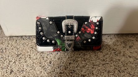Floral Rhinestone Buckle Clutch Wallet