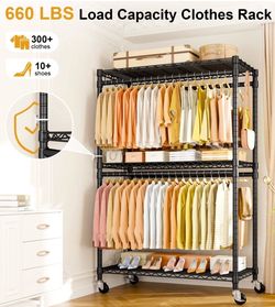 Rolling Clothes Rack, Clothing Racks for Hanging Clothes, Black | P5 Plus Heavy Duty Garment Rack with Wheels, 3-Tier Shelves, Portable Closet Racks 4