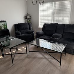Living Room Set; Reclining Loveseat With Cupholder Column, Reclining Chair, Two Glass, End Tables And One Glass Coffee Table