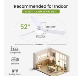 52" Ceiling Fans with Lights and Remote: 90% Less Assembly Time Light Pre-Installed & Snap-in Blades, Reversible, 3CCT, Modern Low Profile Flush Mount