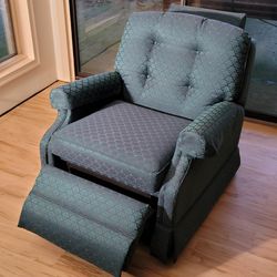 Low upholstered La-Z-Boy recliner in dark blue-green pattern fabric

