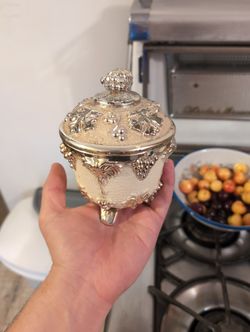 Vintage Jeanette Glass Footed Silver Candy Dish with Lid
