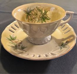 Vintage Floral Tea Cup and Saucer Set with Pierced Lattice Rim