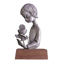 Catholic First Holy Communion Child Pewter Statue JHS Statuette on Wooden Base