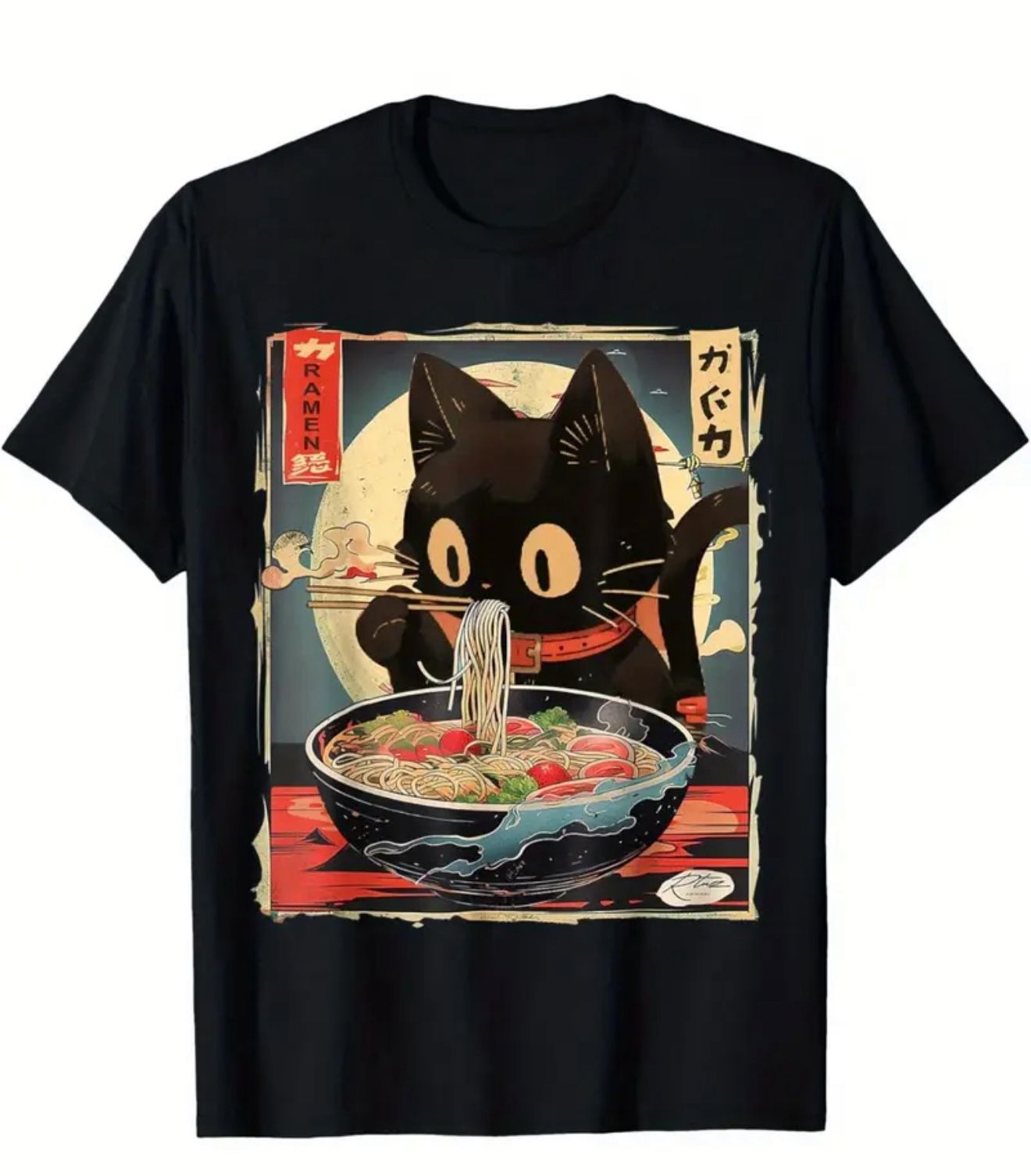 Novelty Ramen Feline Cat Graphic T Shirt