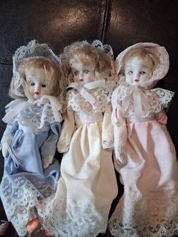 Set of 3 Porcelain Dolls with Lace Dresses