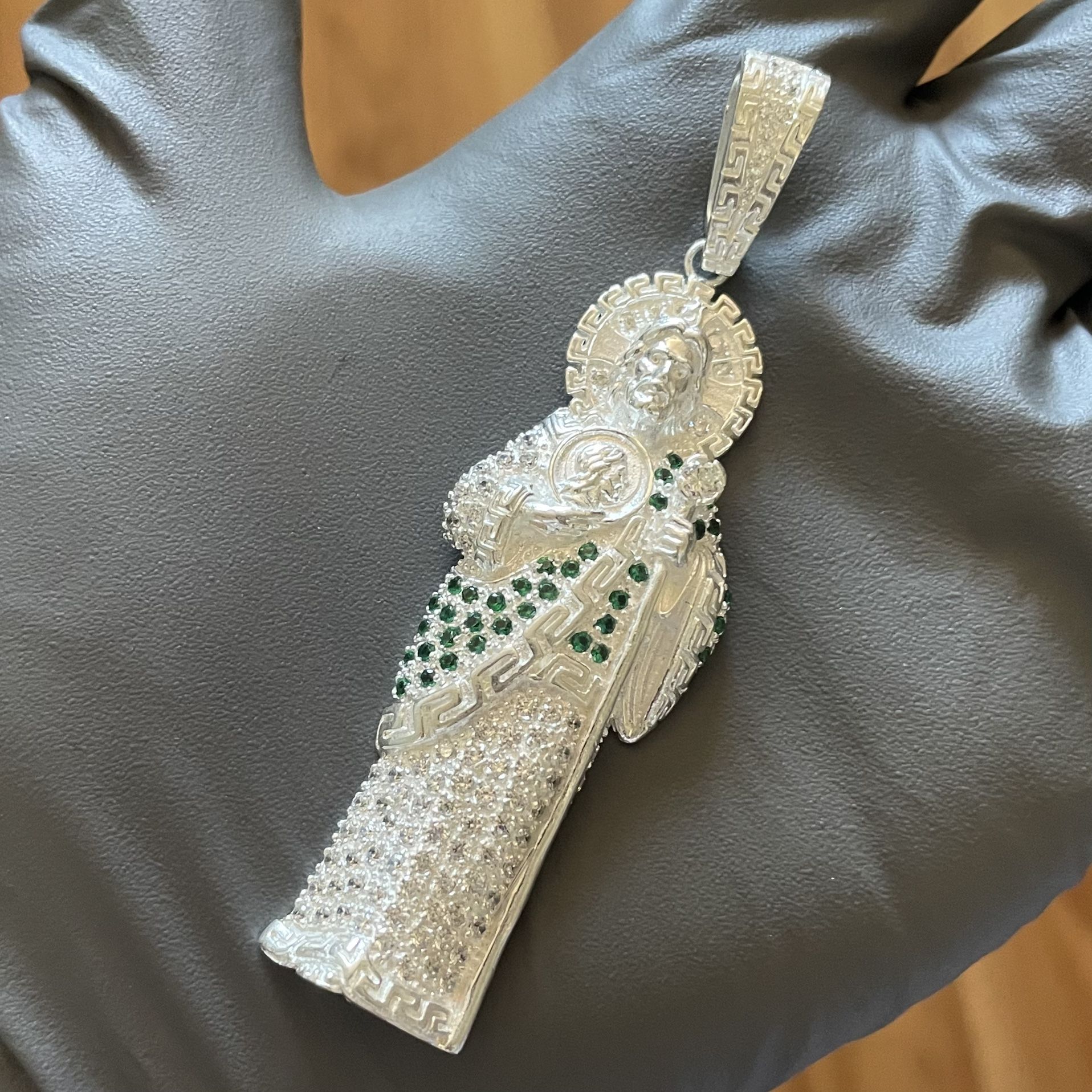 925 Sterling Silver San Judas Tadeo Pendant Greek Style 2.5in Green & Clear CZ