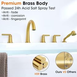 Roman Bathtub Faucet Set Widespread 5 Hole Deck Mount Tub Faucet with Sprayer and Rough-in Valve Brass Bath Tub Faucet Set with Supply Lines Brushed G