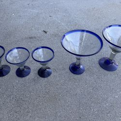 Set Of 5 Blue-Rimed Margarita glasses