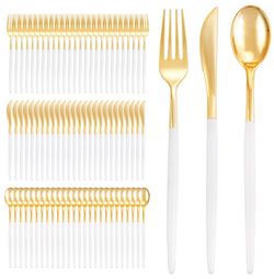 I00000 300 Pcs Gold Plastic Silverware - Gold Disposable Silverware - Premium White Cutlery Set Include 100 Forks 100 Knives 100 Spoons,Plastic Cutler