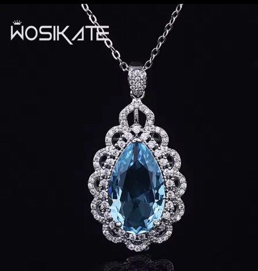 925 Sterling Silver Natural Blue Topaz Teardrop 39x20mm  Pendant Necklace  [PEN254]