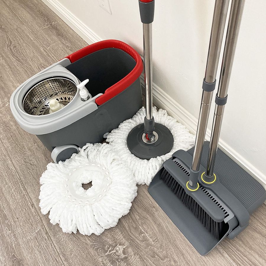 $35 Brand New (Combo Set) Broom Dustpan & Spin Mop Wheels Extended Handle with 2pc Microfiber Mop Heads