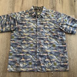 VTG Reyn Spooner Short Sleeve Button up Shirt Mens Size L Fishing Boat 