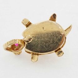 Womens 14K Yellow Gold Turtle Charm Pendant with Red CZ Stones #23287