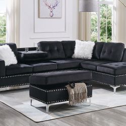 BLACK VELVET SECTIONAL WITH OTTOMAN 