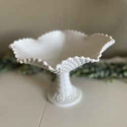 Vintage White Milk Glass Diamond Pattern Ruffled Top Pedestal Bowl
