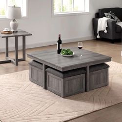 Light Gray Finish 5 piece Coffee Storage Ottoman Set