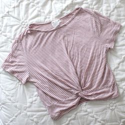 Pink and White Striped Twist Hem Short Sleeve Shirt Size XS