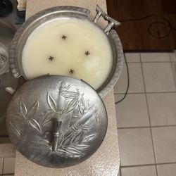 4 Pound Citronella Candle In 1950S Hand Hammered aluminum Casserole With Two Handles. .  