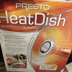 Presto HeatDish parabolic electric heater, focuses energy for efficient heating.