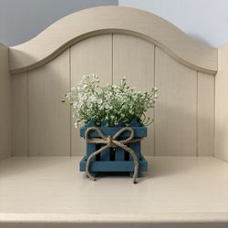 Wooden Picket Fence Box Filled With Faux Decorative Greenery & Flowers 